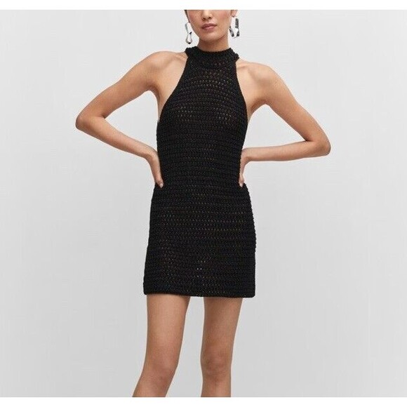 MNG Mango Black Metallic Lurex Halter Neck Mini Dress, Size 4 Bodycon Modern Fit - Picture 2 of 12